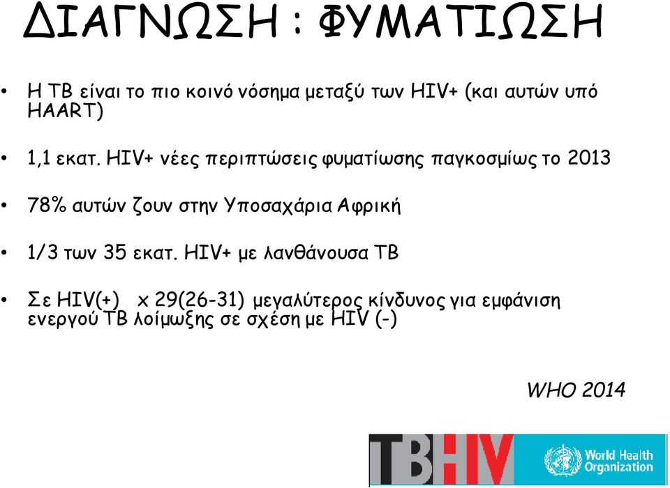 HIV+ νέες περιπτώσεις φυματίωσης παγκοσμίως το 2013 78% αυτών ζουν στην Υποσαχάρια