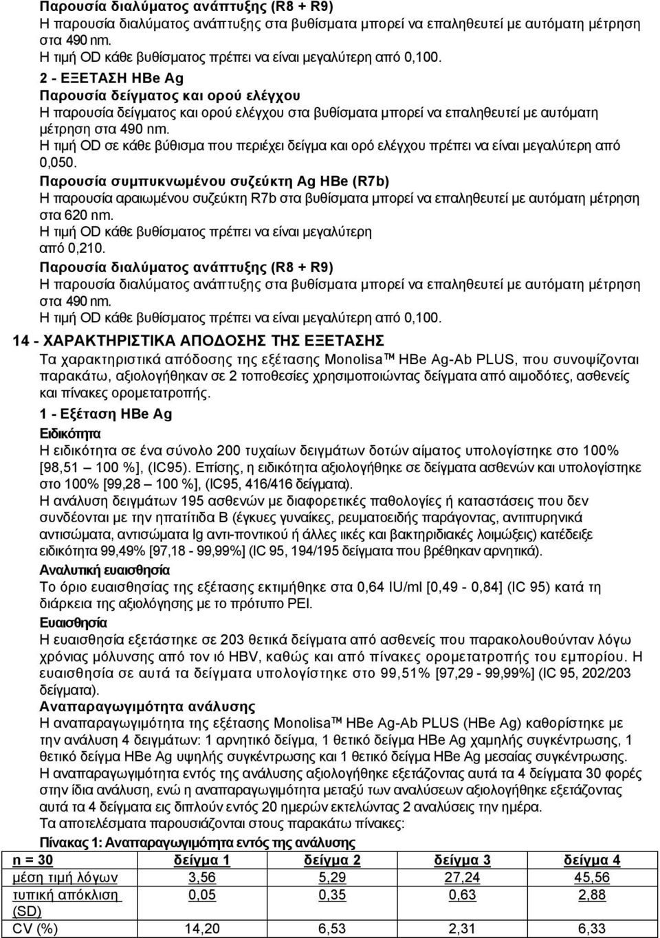 2 - ΕΞΕΤΑΣΗ HBe Ag Παρουσία δείγµατος και ορού ελέγχου Η παρουσία δείγµατος και ορού ελέγχου στα βυθίσµατα µπορεί να επαληθευτεί µε αυτόµατη µέτρηση στα 490 nm.