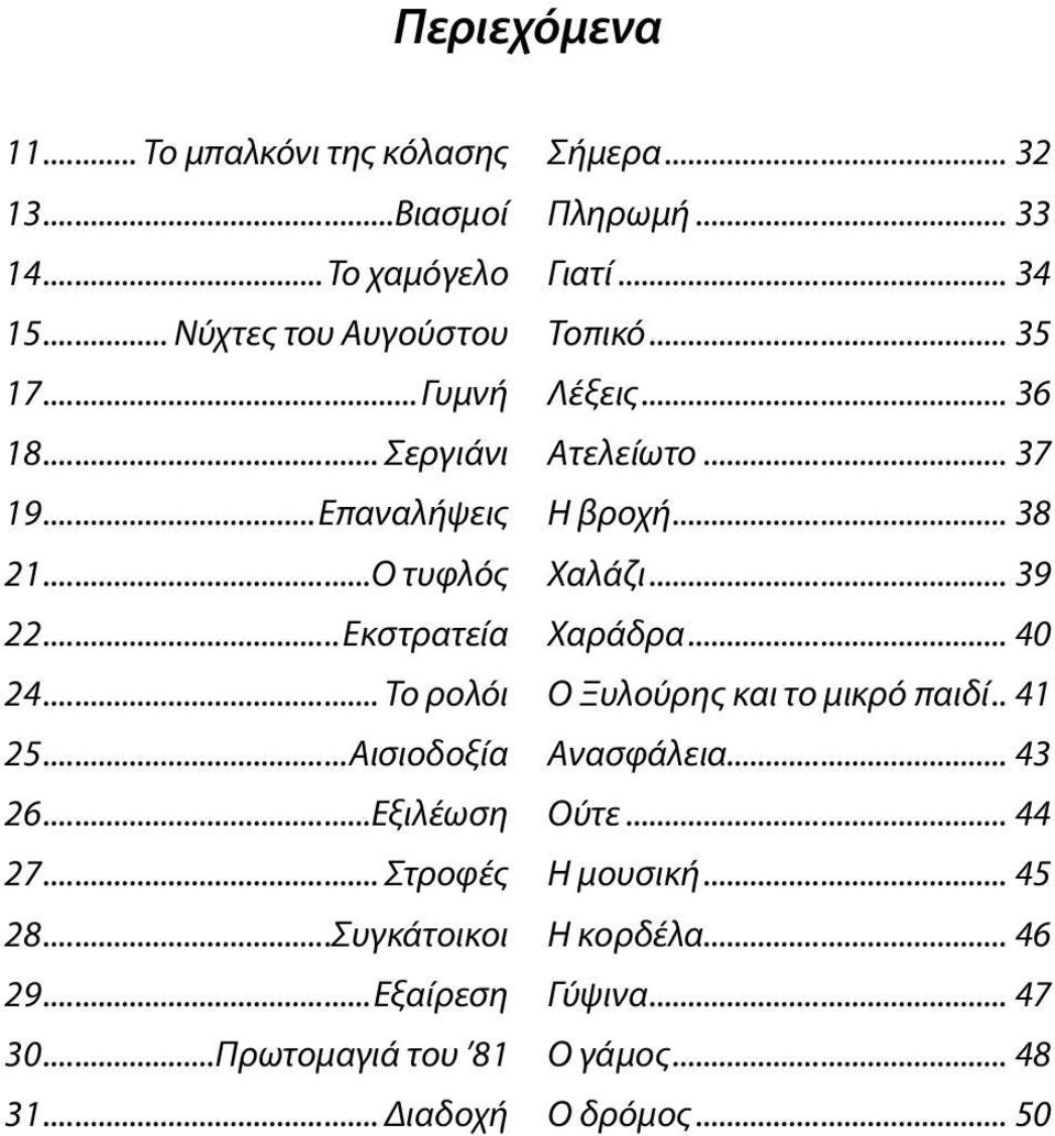 ..Εξαίρεση 30...Πρωτομαγιά του 81 31... Διαδοχή Σήμερα... 32 Πληρωμή... 33 Γιατί... 34 Τοπικό... 35 Λέξεις... 36 Ατελείωτο... 37 Η βροχή... 38 Χαλάζι.