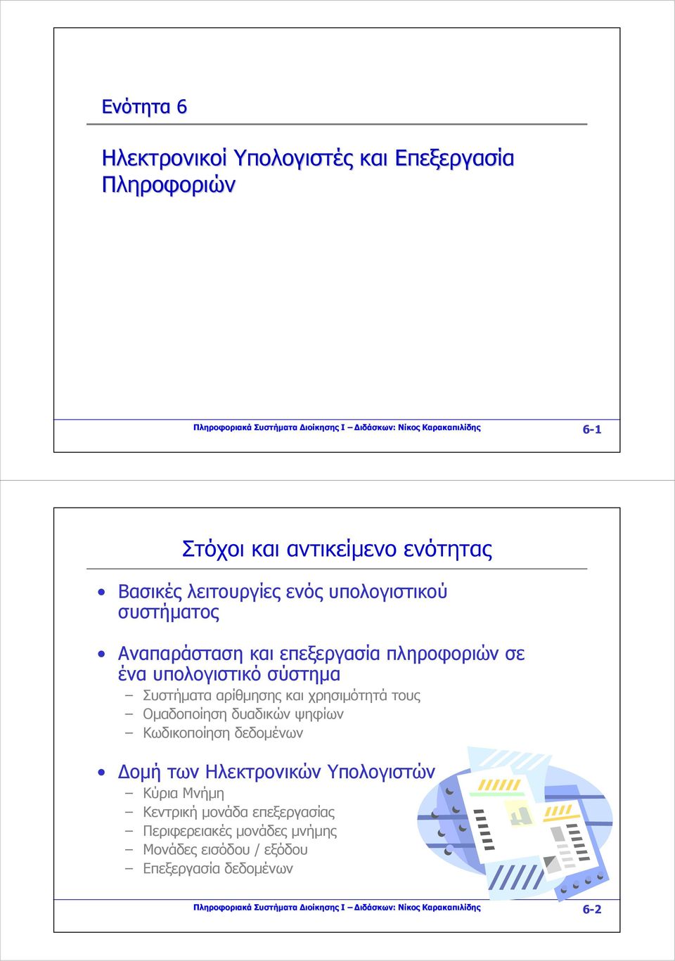 Συστήματα αρίθμησης και χρησιμότητά τους Ομαδοποίηση δυαδικών ψηφίων Κωδικοποίηση δεδομένων Δομή των Ηλεκτρονικών Υπολογιστών Κύρια Μνήμη Κεντρική