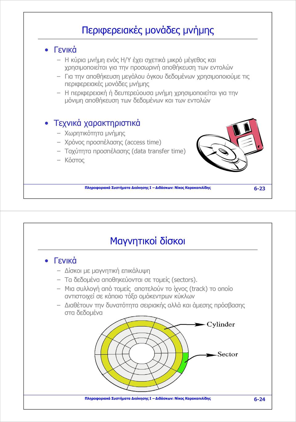 Χρόνος προσπέλασης (access time) Ταχύτητα προσπέλασης (data transfer time) Κόστος Πληροφοριακά Συστήματα Διοίκησης Ι Διδάσκων: Νίκος Καρακαπιλίδης 6-23 Γενικά Μαγνητικοί δίσκοι Δίσκοι με μαγνητική