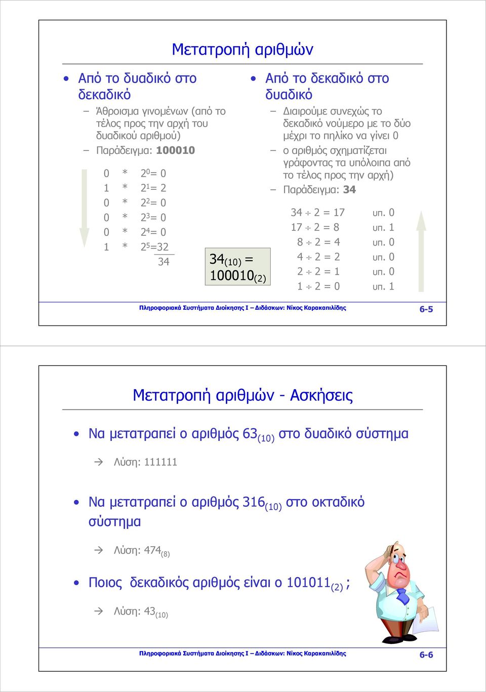 αρχή) Παράδειγμα: 34 34 2 = 17 υπ. 0 17 2 = 8 υπ. 1 8 2 = 4 υπ. 0 4 2 = 2 υπ. 0 2 2 = 1 υπ. 0 1 2 = 0 υπ.