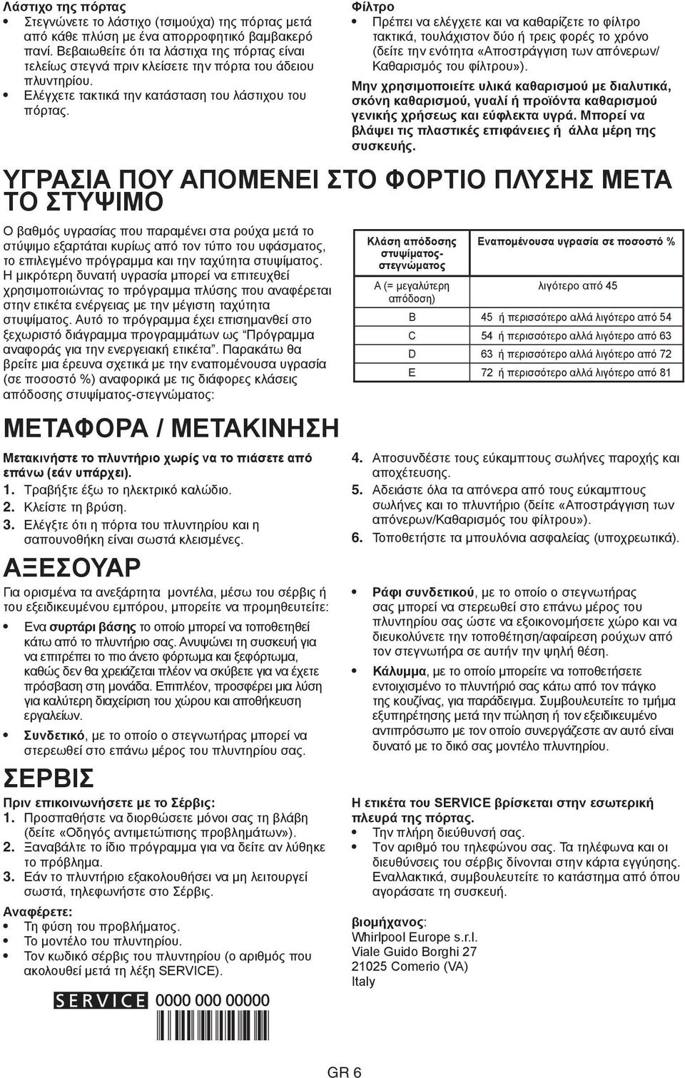 Φίλτρο Πρέπει να ελέγχετε και να καθαρίζετε το φίλτρο τακτικά, τουλάχιστον δύο ή τρεις φορές το χρόνο (δείτε την ενότητα «Αποστράγγιση των απόνερων/ Καθαρισμός του φίλτρου»).