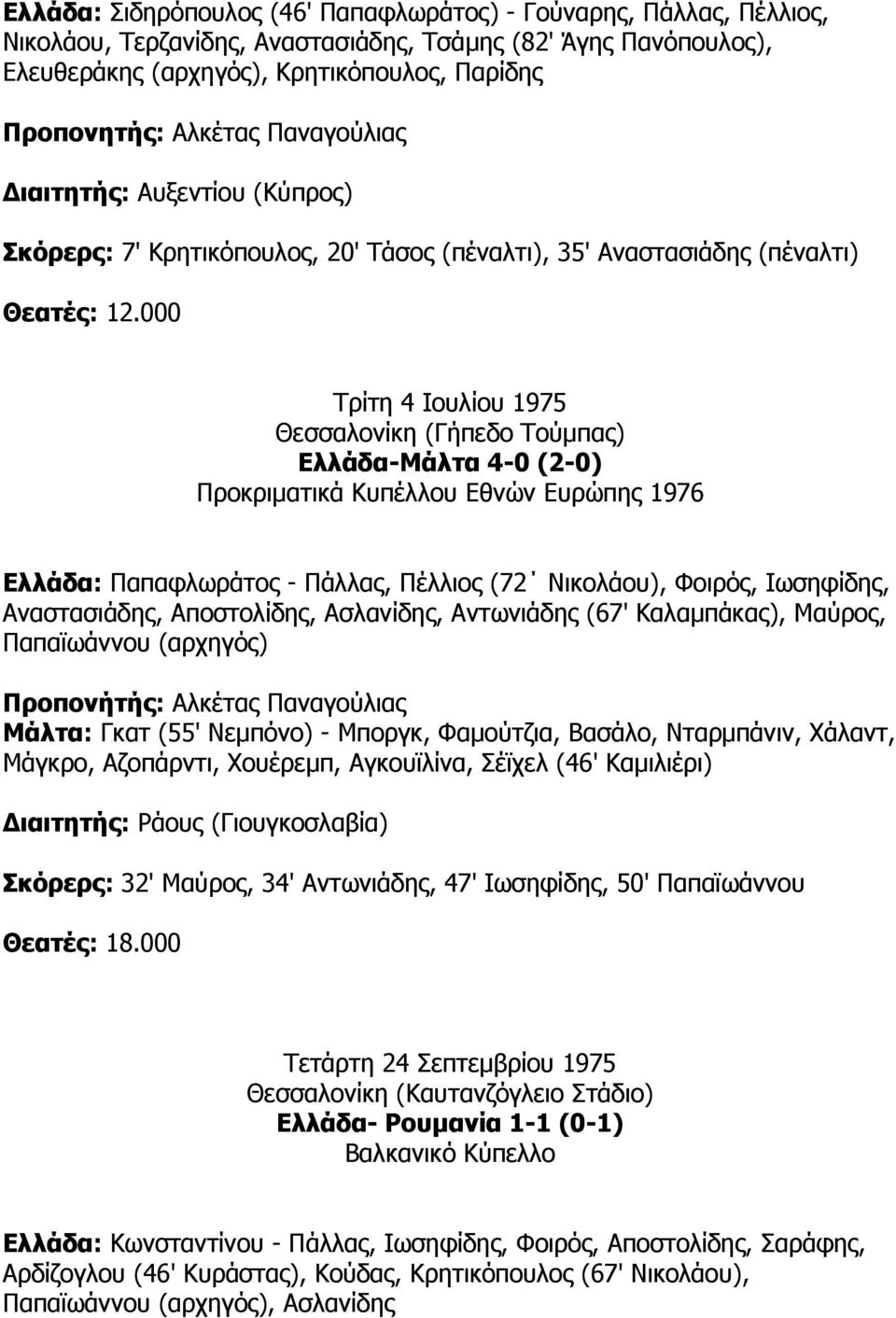 000 Τρίτη 4 Ιουλίου 1975 Θεσσαλονίκη (Γήπεδο Τούµπας) Ελλάδα-Μάλτα 4-0 (2-0) Προκριµατικά Κυπέλλου Εθνών Ευρώπης 1976 Ελλάδα: Παπαφλωράτος - Πάλλας, Πέλλιος (72 Νικολάου), Φοιρός, Ιωσηφίδης,