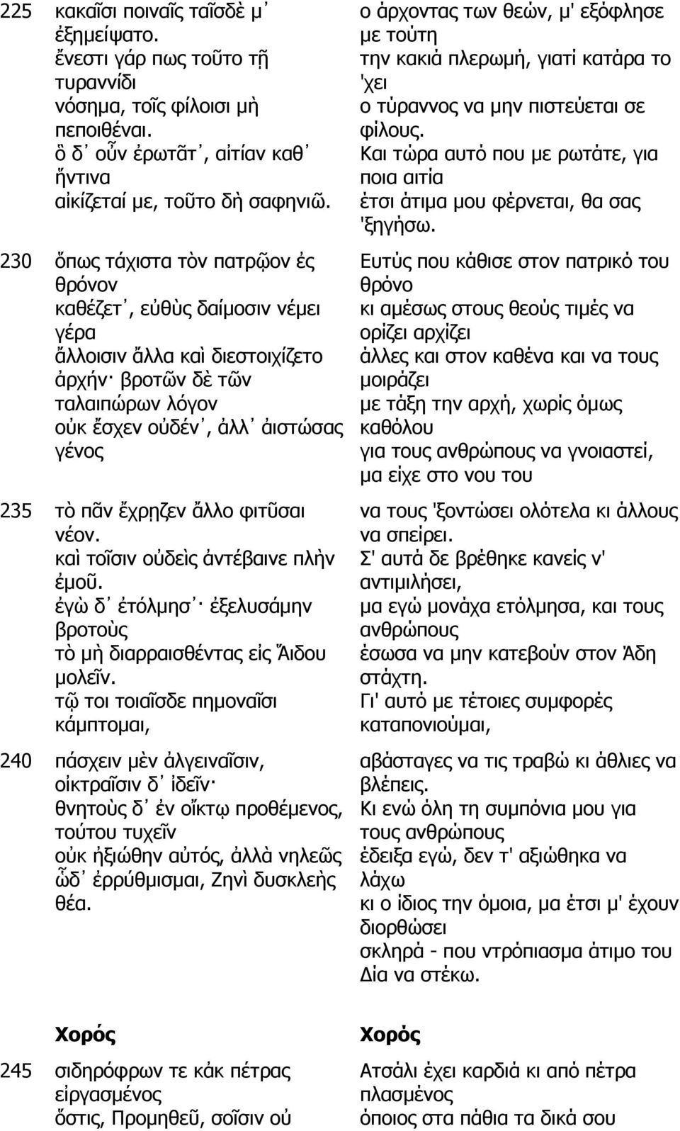 ἄλλο φιτῦσαι νέον. καὶ τοῖσιν οὐδεὶς ἀντέβαινε πλὴν ἐµοῦ. ἐγὼ δ ἐτόλµησ ἐξελυσάµην βροτοὺς τὸ µὴ διαρραισθέντας εἰς Ἅιδου µολεῖν.