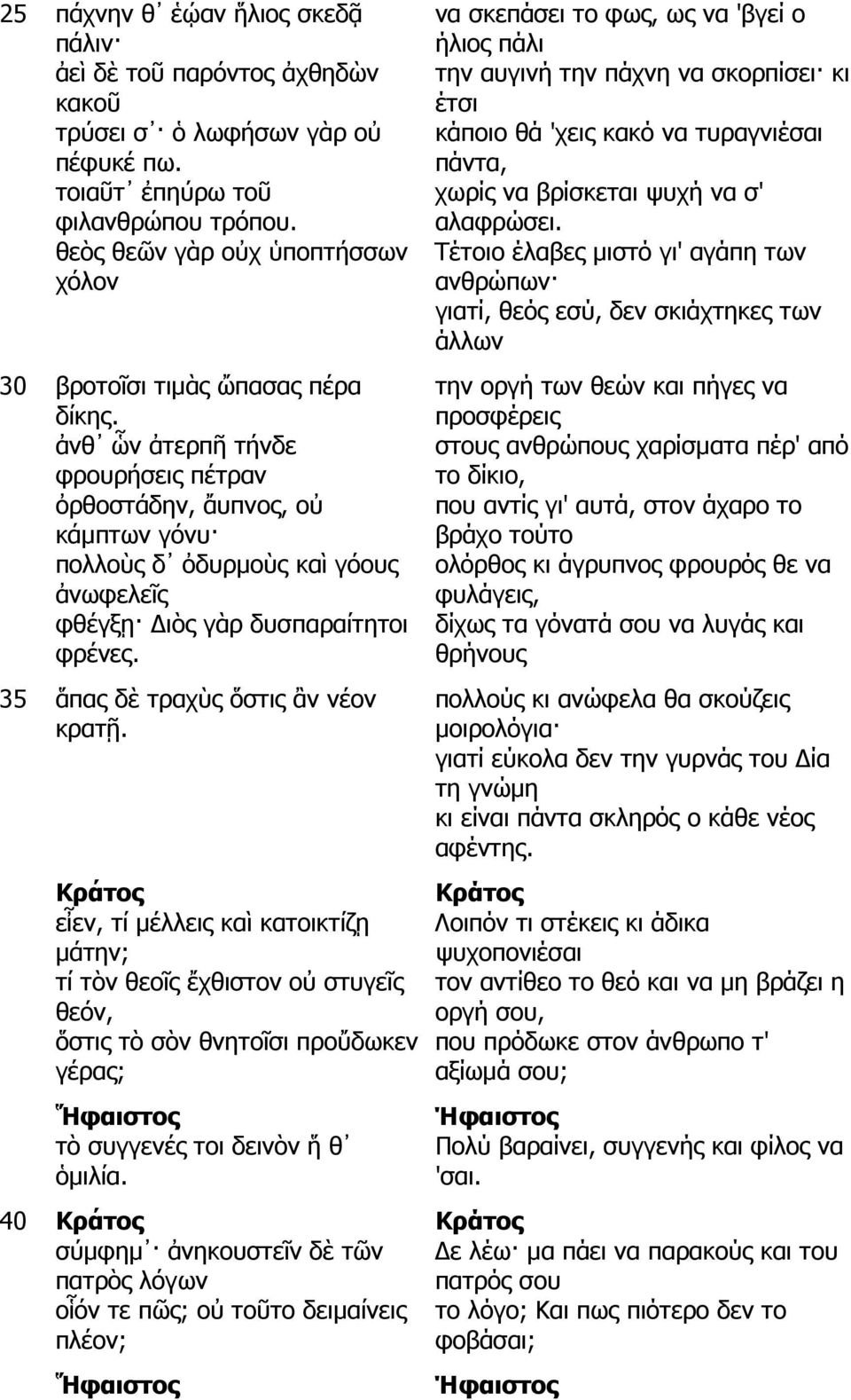 ἀνθ ὧν ἀτερπῆ τήνδε φρουρήσεις πέτραν ὀρθοστάδην, ἄυπνος, οὐ κάµπτων γόνυ πολλοὺς δ ὀδυρµοὺς καὶ γόους ἀνωφελεῖς φθέγξῃ ιὸς γὰρ δυσπαραίτητοι φρένες. 35 ἅπας δὲ τραχὺς ὅστις ἂν νέον κρατῇ.