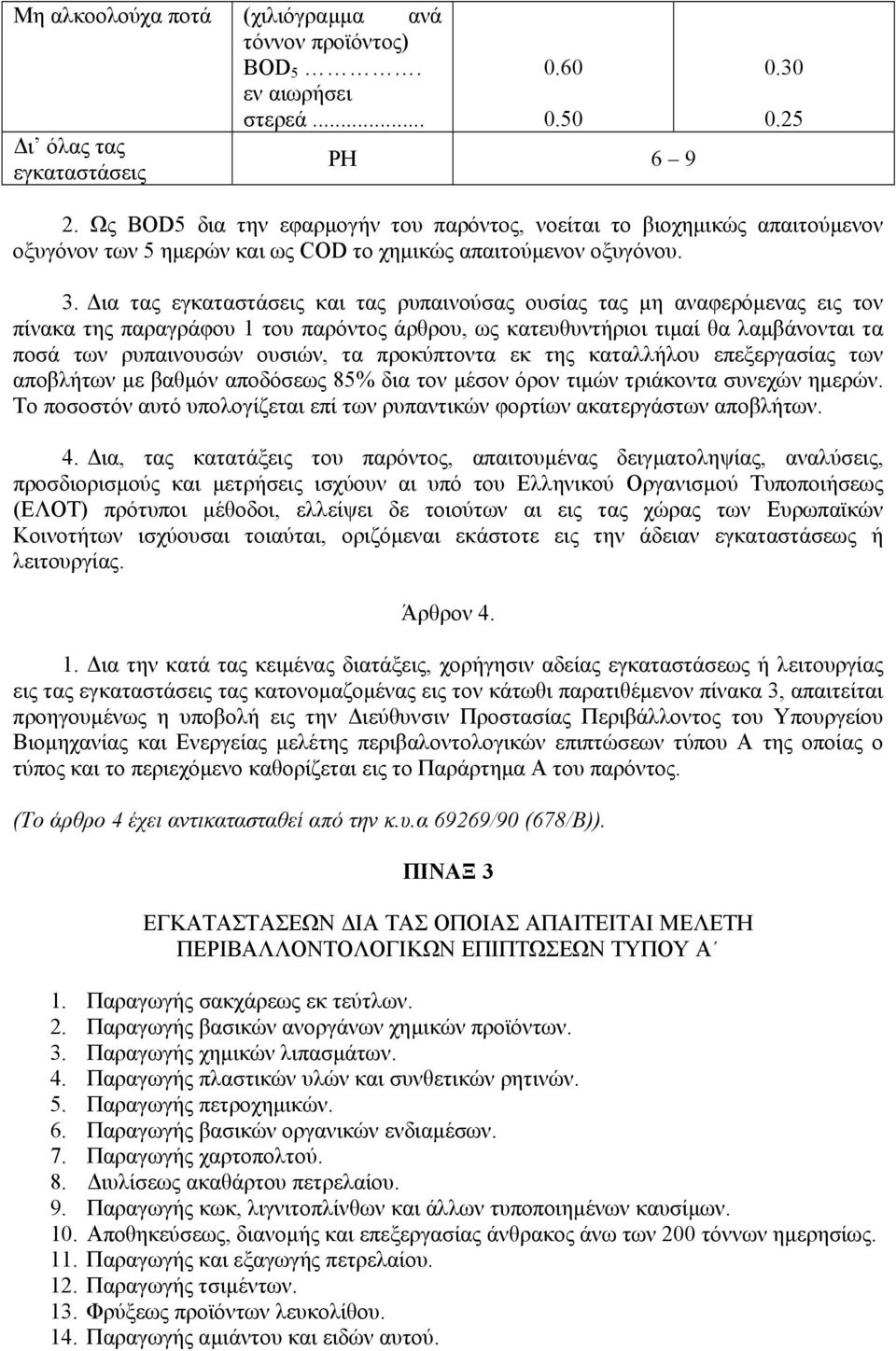 ια τας εγκαταστάσεις και τας ρυπαινούσας ουσίας τας µη αναφερόµενας εις τον πίνακα της παραγράφου 1 του παρόντος άρθρου, ως κατευθυντήριοι τιµαί θα λαµβάνονται τα ποσά των ρυπαινουσών ουσιών, τα