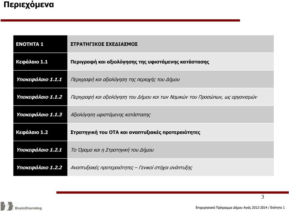 2 Στρατηγική του ΟΤΑ και αναπτυξιακές προτεραιότητες Υποκεφάλαιο 1.2.1 Το Όραµα και η Στρατηγική του ήµου Υποκεφάλαιο 1.2.2 Αναπτυξιακές προτεραιότητες Γενικοί στόχοι ανάπτυξης 3