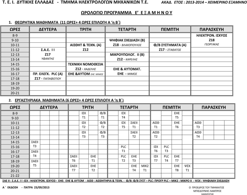 ΙΙ (Β) ΥΦΑΝΤΗΣ Ζ12 - ΚΑΡΕΛΗΣ 14-15 ΤΕΧΝΙΚΗ ΝΟΜΟΘΕΣΙΑ 15-16 Ζ12 - ΧΑΔΕΛΗΣ & ΑΥΤΟΜΑΤ. ΠΡ. ΕΛΕΓΧ. (Α) &ΑΥΤΟΜ ΜΙΜΟΣ - ΜΙΜΟΣ Ζ17 - ΠΑΠΑΦΩΤΙΟΥ 2.