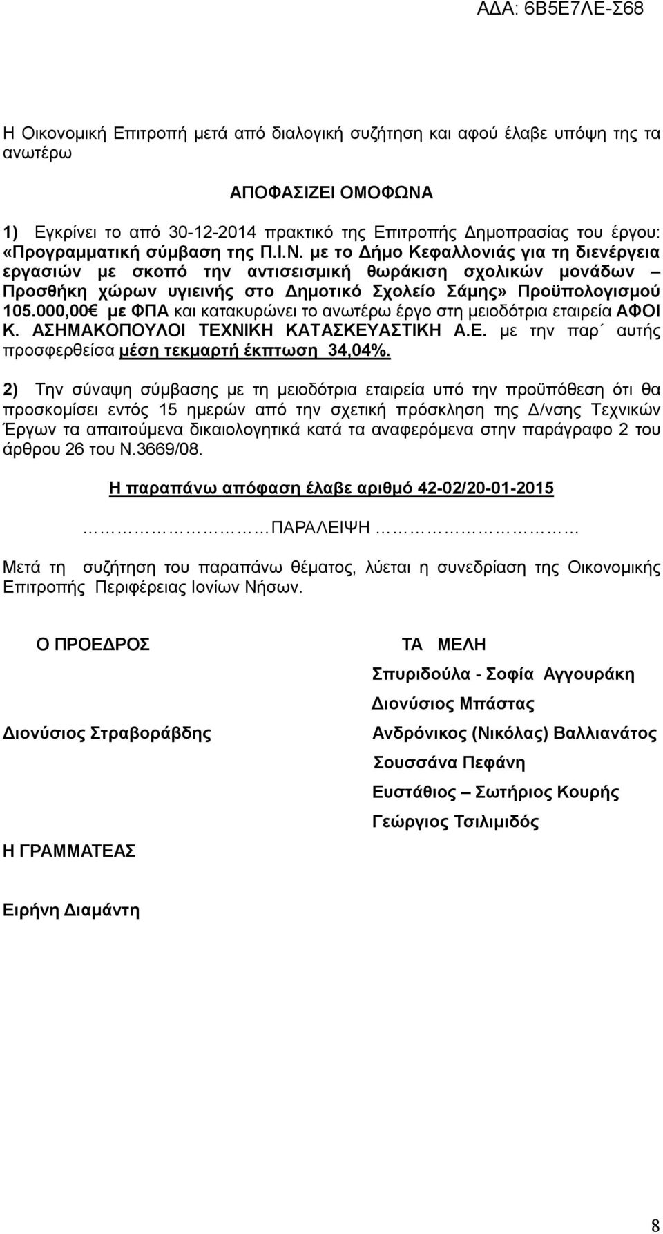 000,00 με ΦΠΑ και κατακυρώνει το ανωτέρω έργο στη μειοδότρια εταιρεία ΑΦΟΙ Κ. ΑΣΗΜΑΚΟΠΟΥΛΟΙ ΤΕΧΝΙΚΗ ΚΑΤΑΣΚΕΥΑΣΤΙΚΗ Α.Ε. με την παρ αυτής προσφερθείσα μέση τεκμαρτή έκπτωση 34,04%.