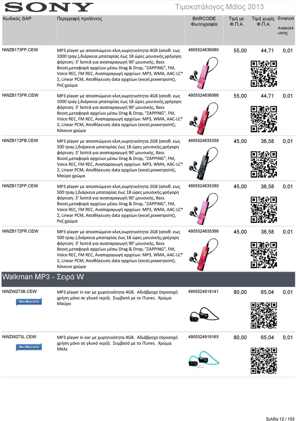 MP3, WMA, AAC LC* 2, Linear PCM, Αποθήκευση data αρχείων (excel,powerpoint), Ροζ χρώμα 4905524836080 55,00 44,71 0,01 NWZB173FR.CEW MP3 player με αποσπώμενο κλιπ,xωρητικότητα 4GB (αποθ. εως 1000 τραγ.