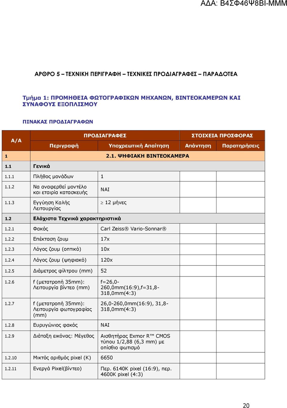 2.4 Λόγος ζουμ (ψηφιακό) 120x 1.2.5 Διάμετρος φίλτρου (mm) 52 1.2.6 f (μετατροπή 35mm): Λειτουργία βίντεο (mm) 1.2.7 f (μετατροπή 35mm): Λειτουργία φωτογραφίας (mm) f=26,0-260,0mm(16:9),f=31,8-318,0mm(4:3) 26,0-260,0mm(16:9), 31,8-318,0mm(4:3) 1.