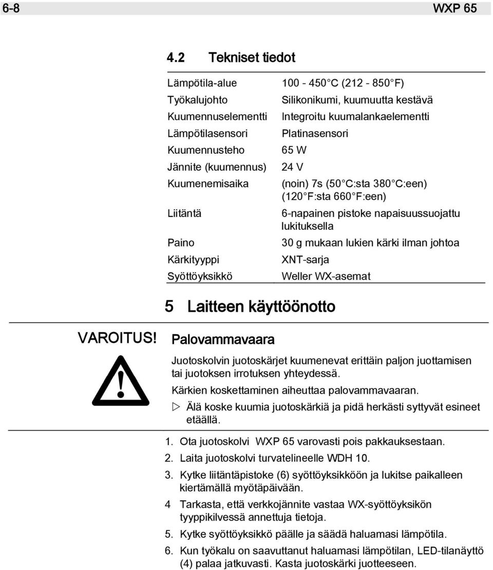 Silikonikumi, kuumuutta kestävä Integroitu kuumalankaelementti Platinasensori 65 W 24 V (noin) 7s (50 C:sta 380 C:een) (120 F:sta 660 F:een) 6-napainen pistoke napaisuussuojattu lukituksella 30 g