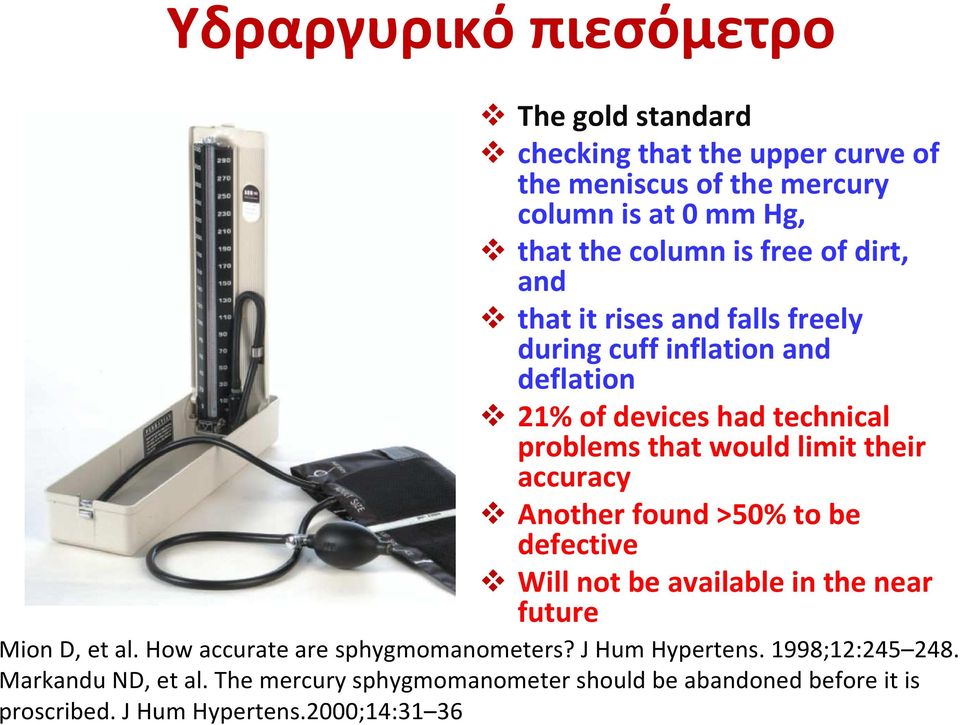 accuracy Another found >50% to be defective Will not be available in the near future Mion D, et al. How accurate are sphygmomanometers?