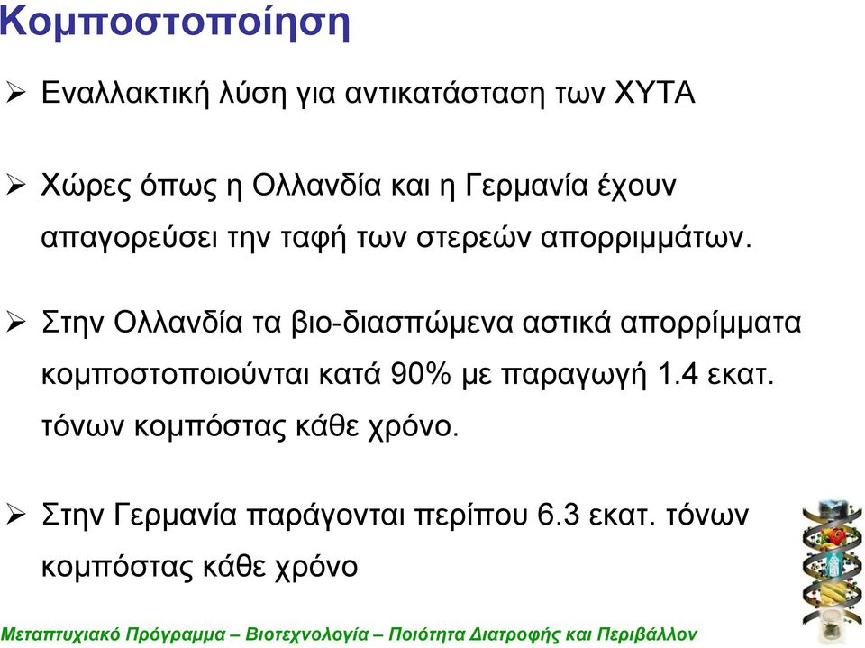 Στην Ολλανδία τα βιο-διασπώμενα αστικά απορρίμματα κομποστοποιούνται κατά 90% με