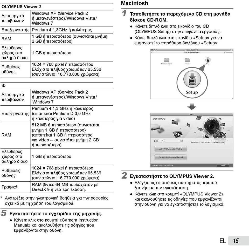 000 χρώματα) Macintosh 1 Τοποθετήστε το παρεχόμενο CD στη μονάδα δίσκου CD-ROM. Κάνετε διπλό κλικ στο εικονίδιο του CD (OLYMPUS Setup) στην επιφάνεια εργασίας.