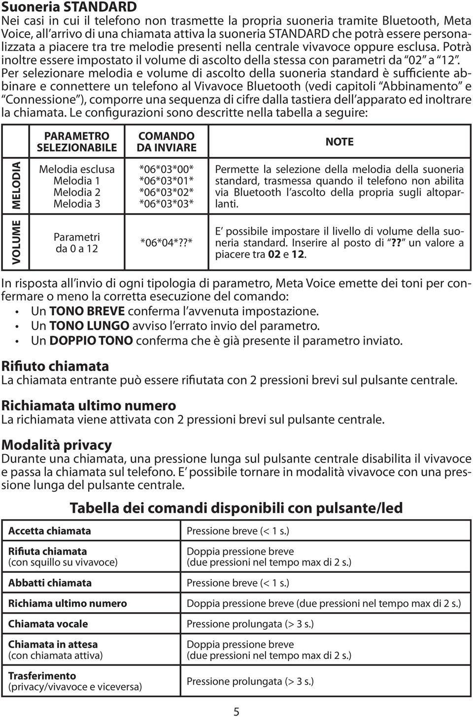 Per selezionare melodia e volume di ascolto della suoneria standard è sufficiente abbinare e connettere un telefono al Vivavoce Bluetooth (vedi capitoli Abbinamento e Connessione ), comporre una