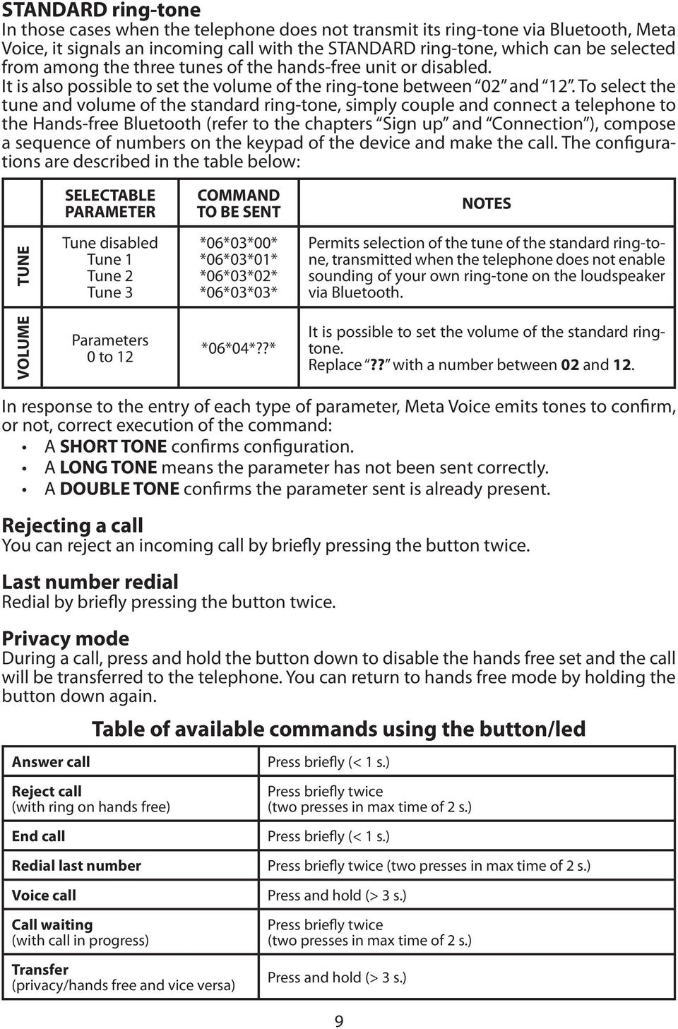 To select the tune and volume of the standard ring-tone, simply couple and connect a telephone to the Hands-free Bluetooth (refer to the chapters Sign up and Connection ), compose a sequence of