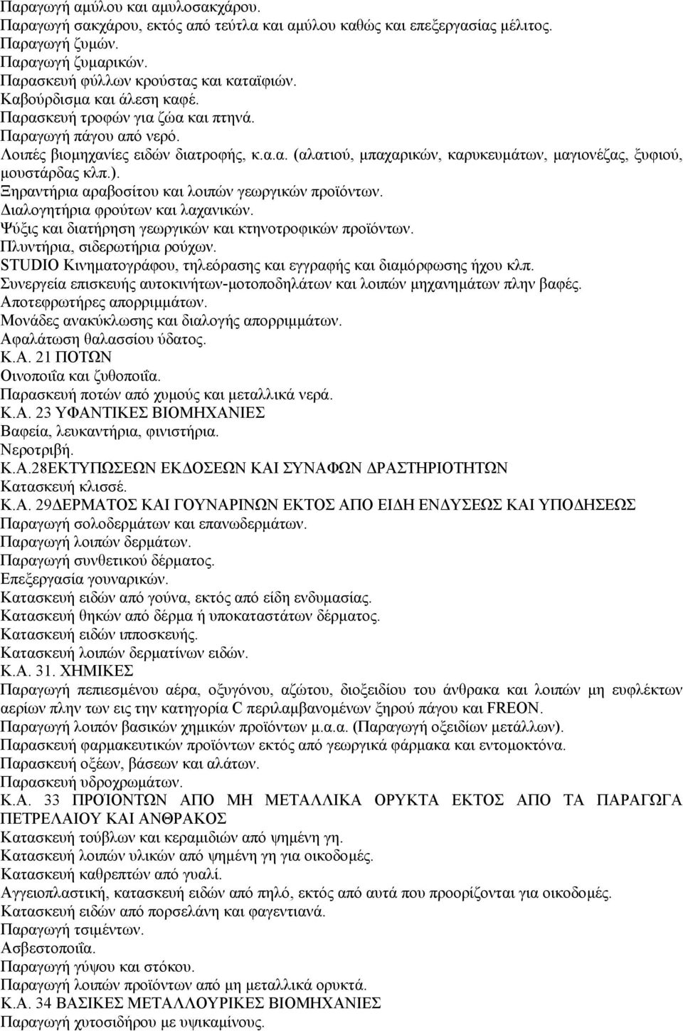 ). Ξηραντήρια αραβοσίτου και λοιπών γεωργικών προϊόντων. ιαλογητήρια φρούτων και λαχανικών. Ψύξις και διατήρηση γεωργικών και κτηνοτροφικών προϊόντων. Πλυντήρια, σιδερωτήρια ρούχων.