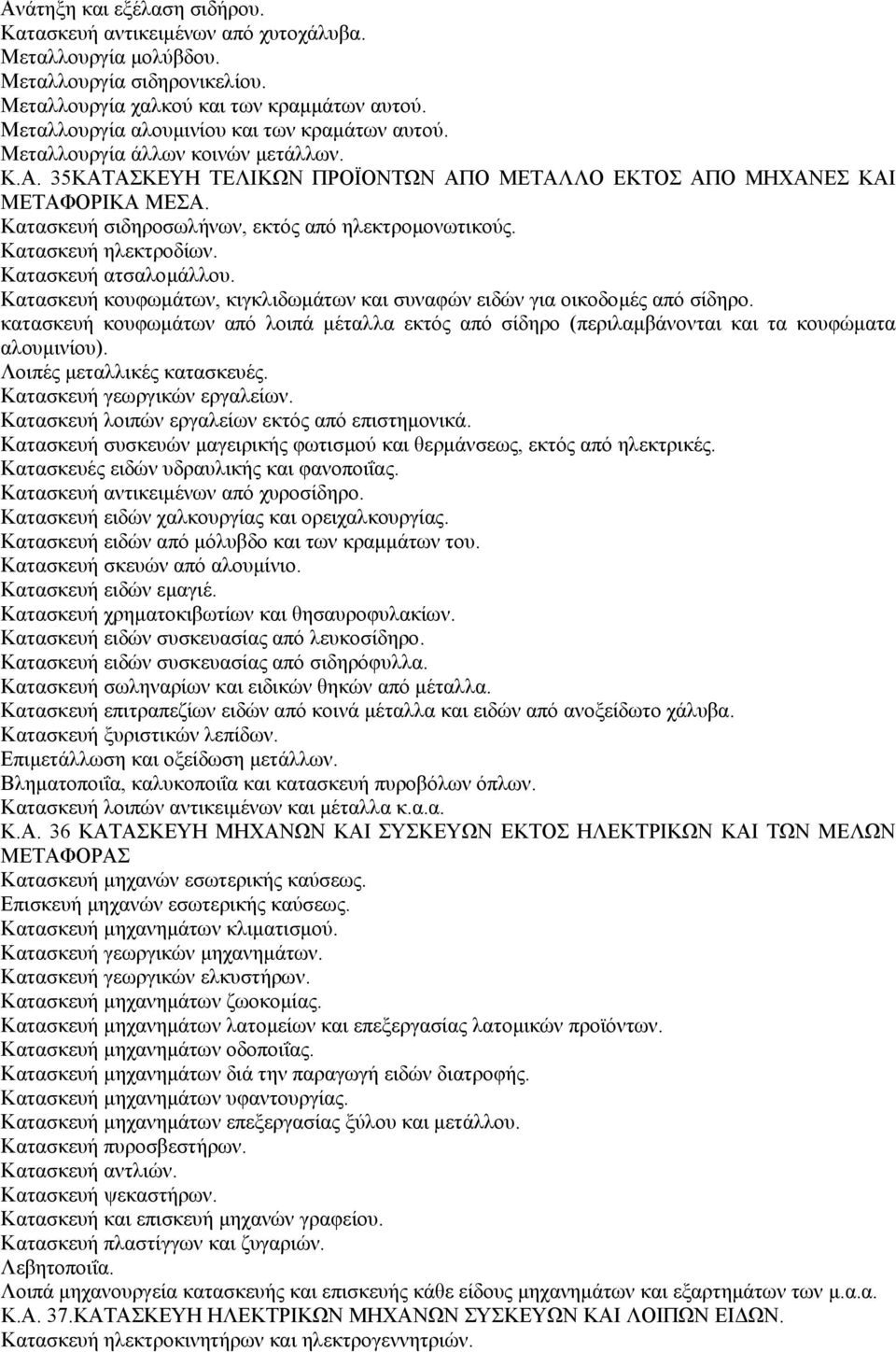 Κατασκευή σιδηροσωλήνων, εκτός από ηλεκτροµονωτικούς. Κατασκευή ηλεκτροδίων. Κατασκευή ατσαλοµάλλου. Κατασκευή κουφωµάτων, κιγκλιδωµάτων και συναφών ειδών για οικοδοµές από σίδηρο.