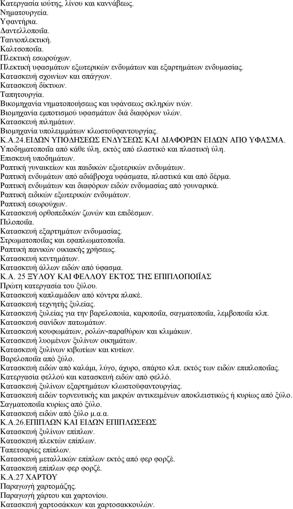 Βιοµηχανία υπολειµµάτων κλωστοϋφαντουργίας. Κ.Α.24.ΕΙ ΩΝ ΥΠΟ ΗΣΕΩΣ ΕΝ ΥΣΕΩΣ ΚΑΙ ΙΑΦΟΡΩΝ ΕΙ ΩΝ ΑΠΟ ΥΦΑΣΜΑ. Υποδηµατοποιΐα από κάθε ύλη, εκτός από ελαστικό και πλαστική ύλη. Επισκευή υποδηµάτων.