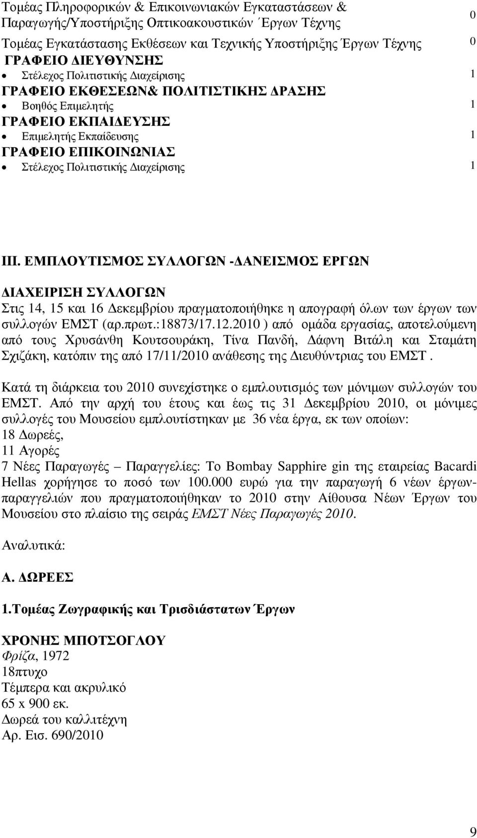 ΕΜΠΛΟΥΤΙΣΜΟΣ ΣΥΛΛΟΓΩΝ - ΑΝΕΙΣΜΟΣ ΕΡΓΩΝ ΙΑΧΕΙΡΙΣΗ ΣΥΛΛΟΓΩΝ Στις 14, 15 και 16 εκεµβρίου πραγµατοποιήθηκε η απογραφή όλων των έργων των συλλογών ΕΜΣΤ (αρ.πρωτ.:18873/17.12.