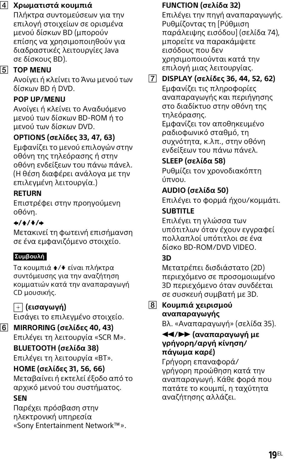 OPTIONS (σελίδες 33, 47, 63) Εμφανίζει το μενού επιλογών στην οθόνη της τηλεόρασης ή στην οθόνη ενδείξεων του πάνω πάνελ. (Η θέση διαφέρει ανάλογα με την επιλεγμένη λειτουργία.