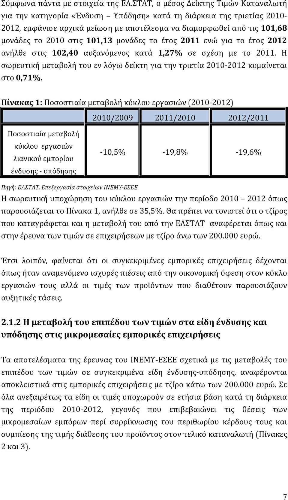 στις 101,13 μονάδες το έτος 2011 ενώ για το έτος 2012 ανήλθε στις 102,40 αυξανόμενος κατά 1,27% σε σχέση με το 2011.