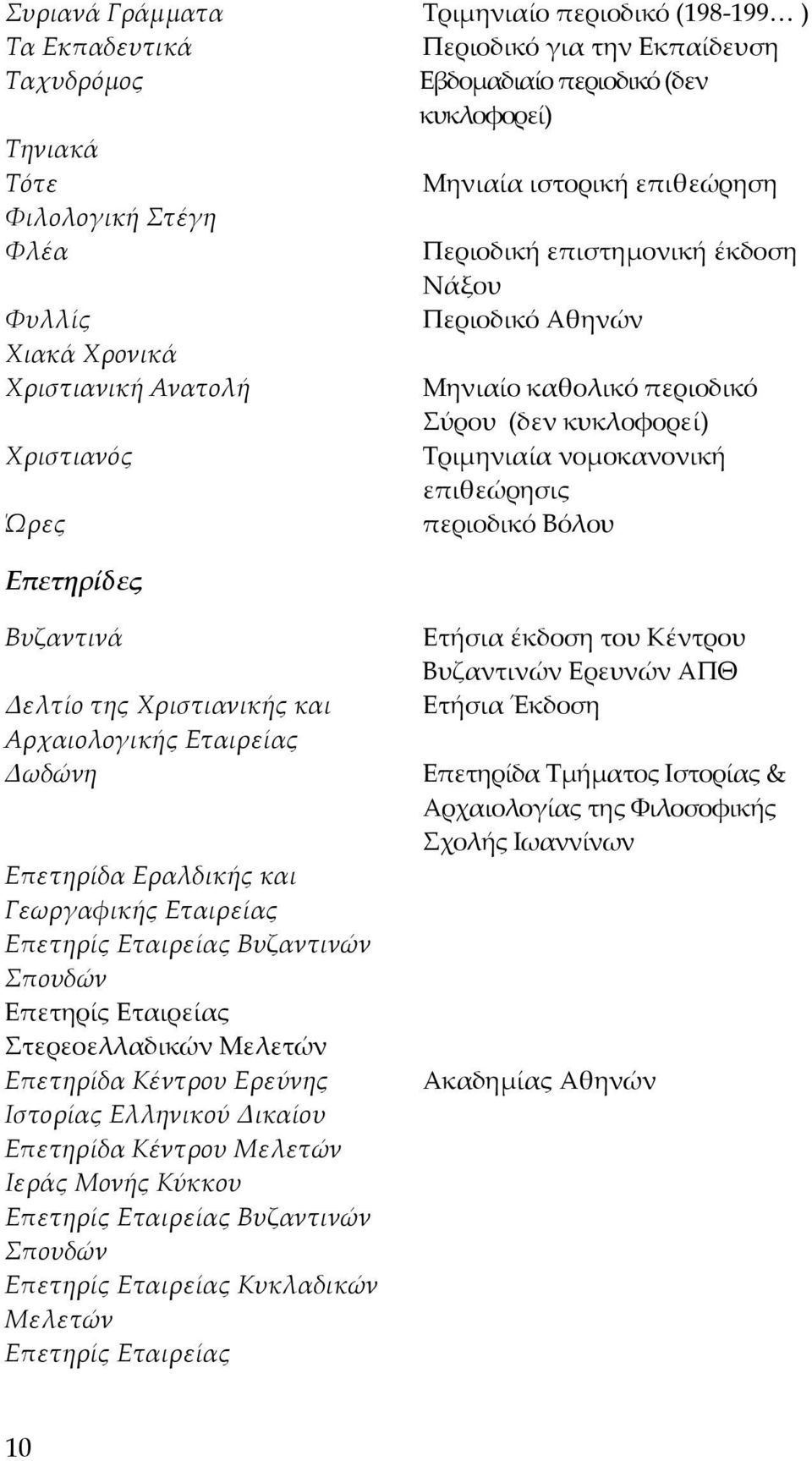 Τριμηνιαία νομοκανονική επιθεώρησις Ώρες περιοδικό Βόλου Επετηρίδες Βυζαντινά Δελτίο της Χριστιανικής και Αρχαιολογικής Εταιρείας Δωδώνη Επετηρίδα Εραλδικής και Γεωργαφικής Εταιρείας Επετηρίς