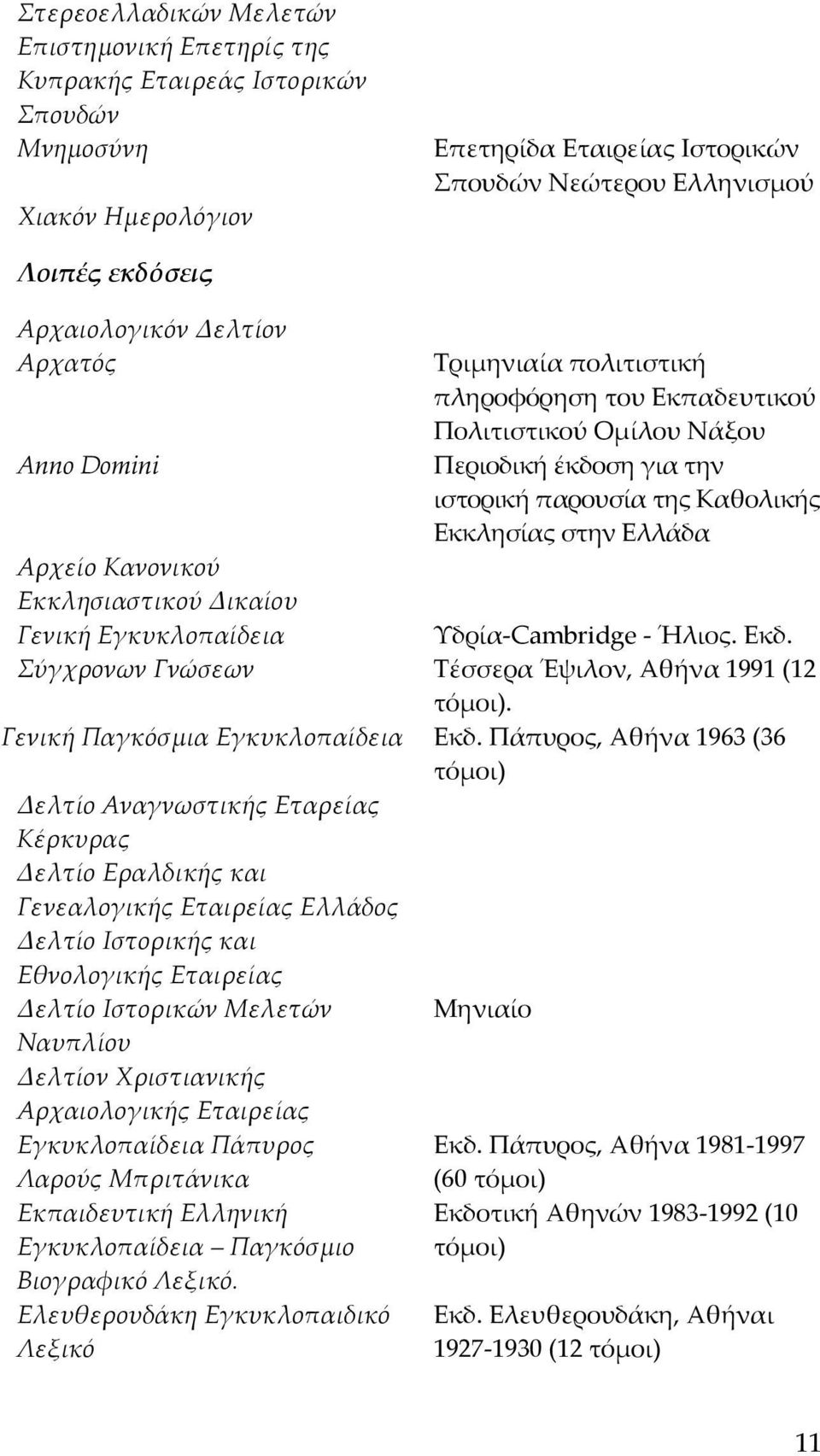 Εκπαδευτικού Πολιτιστικού Ομίλου Νάξου Περιοδική έκδοση για την ιστορική παρουσία της Καθολικής Εκκλησίας στην Ελλάδα Υδρία-Cambridge - Ήλιος. Εκδ. Τέσσερα Έψιλον, Αθήνα 1991 (12 τόμοι).