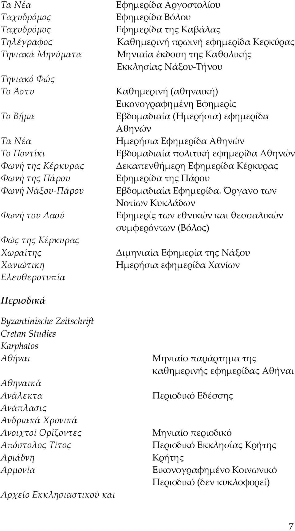 Καθημερινή (αθηναική) Εικονογραφημένη Εφημερίς Εβδομαδιαία (Ημερήσια) εφημερίδα Αθηνών Ημερήσια Εφημερίδα Αθηνών Εβδομαδιαία πολιτική εφημερίδα Αθηνών Δεκαπενθήμερη Εφημερίδα Κέρκυρας Εφημερίδα της