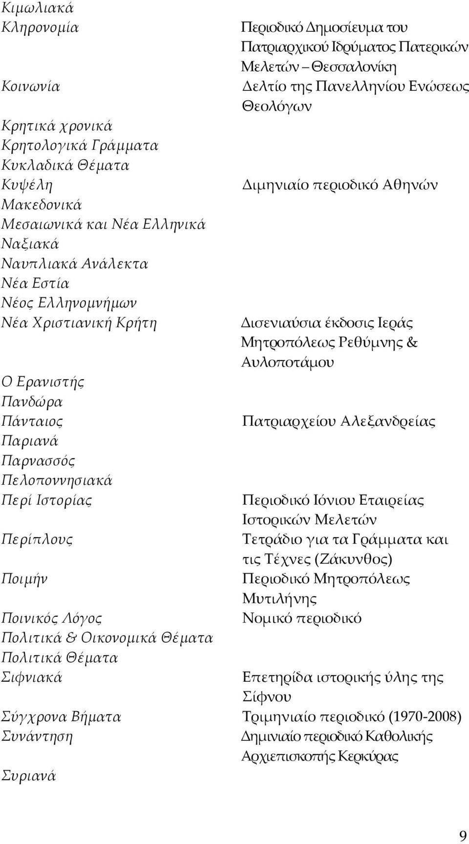 Σιφνιακά Περιοδικό Δημοσίευμα του Πατριαρχικού Ιδρύματος Πατερικών Μελετών Θεσσαλονίκη Δελτίο της Πανελληνίου Ενώσεως Θεολόγων Διμηνιαίο περιοδικό Αθηνών Δισενιαύσια έκδοσις Ιεράς Μητροπόλεως