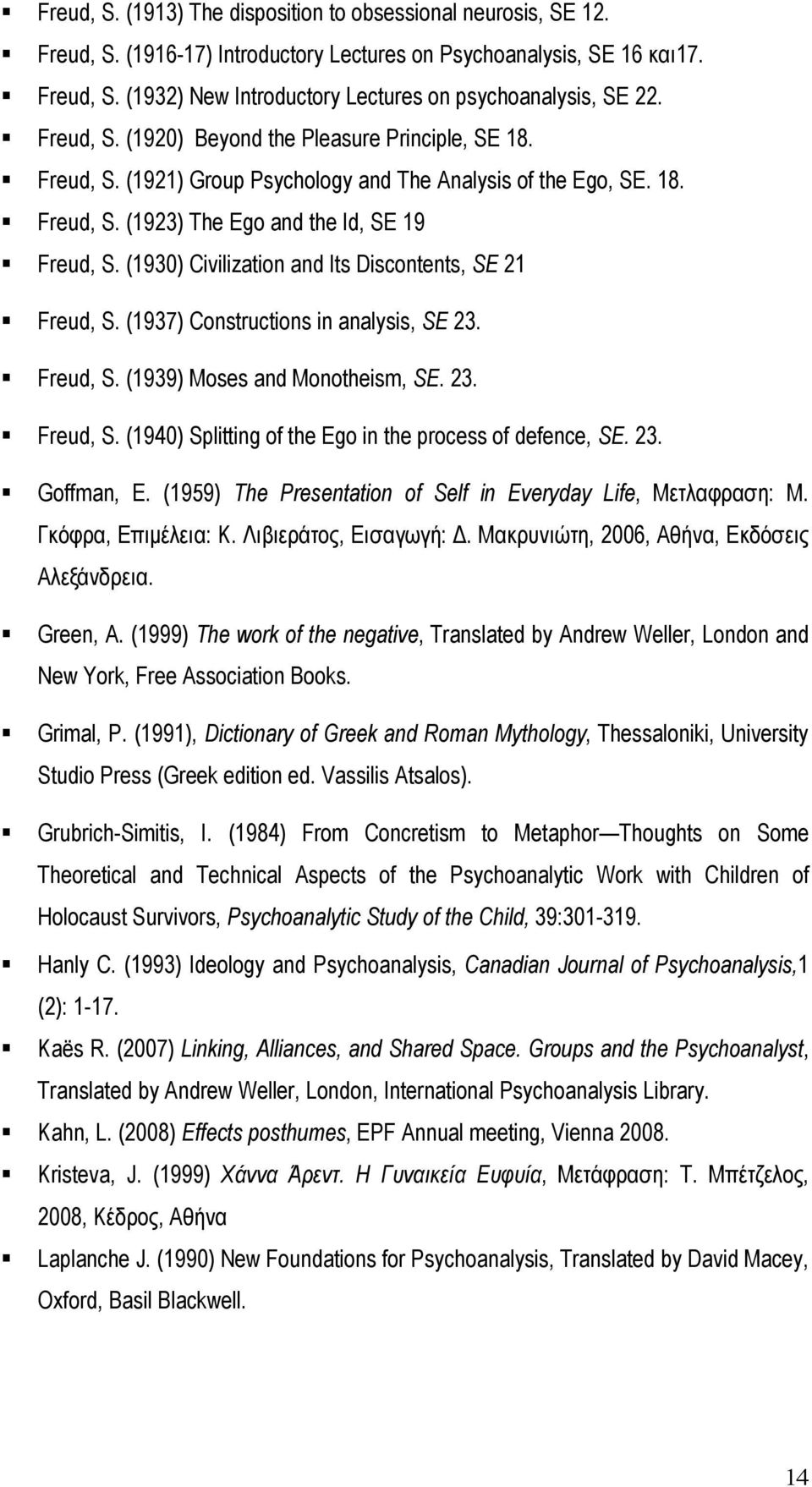 (1930) Civilization and Its Discontents, SE 21 Freud, S. (1937) Constructions in analysis, SE 23. Freud, S. (1939) Moses and Monotheism, SE. 23. Freud, S. (1940) Splitting of the Ego in the process of defence, SE.