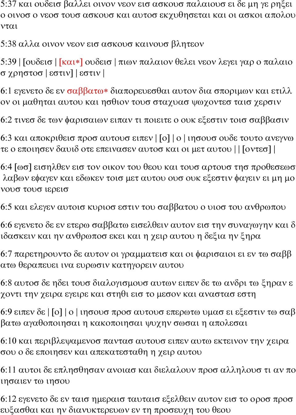 σταχυασ ψωχοντεσ ταισ χερσιν 6:2 τινεσ δε των φαρισαιων ειπαν τι ποιειτε ο ουκ εξεστιν τοισ σαββασιν 6:3 και αποκριθεισ προσ αυτουσ ειπεν [ο] ο ιησουσ ουδε τουτο ανεγνω τε ο εποιησεν δαυιδ οτε