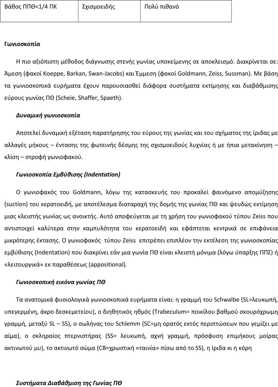 Με βάση τα γωνιοσκοπικά ευρήματα έχουν παρουσιασθεί διάφορα συστήματα εκτίμησης και διαβάθμισης εύρους γωνίας ΠΘ (Scheie, Shaffer, Spaeth).