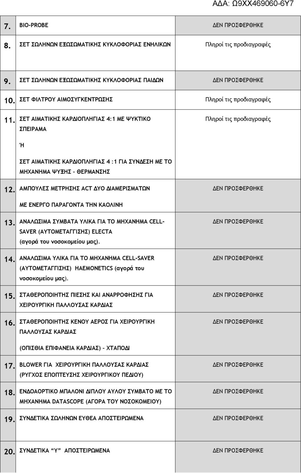 ΑΜΠΟΥΛΕΣ ΜΕΤΡΗΣΗΣ ACT ΔΥΟ ΔΙΑΜΕΡΙΣΜΑΤΩΝ ΜΕ ΕΝΕΡΓΟ ΠΑΡΑΓΟΝΤΑ ΤΗΝ ΚΑΟΛΙΝΗ 13. 14. 15. 16. ΑΝΑΛΩΣΙΜΑ ΣΥΜΒΑΤΑ ΥΛΙΚΑ ΓΙΑ ΤΟ ΜΗΧΑΝΗΜΑ CELL- SAVER (ΑΥΤΟΜΕΤΑΓΓΙΣΗΣ) ELECTA (αγορά του νοσοκομείου μας).