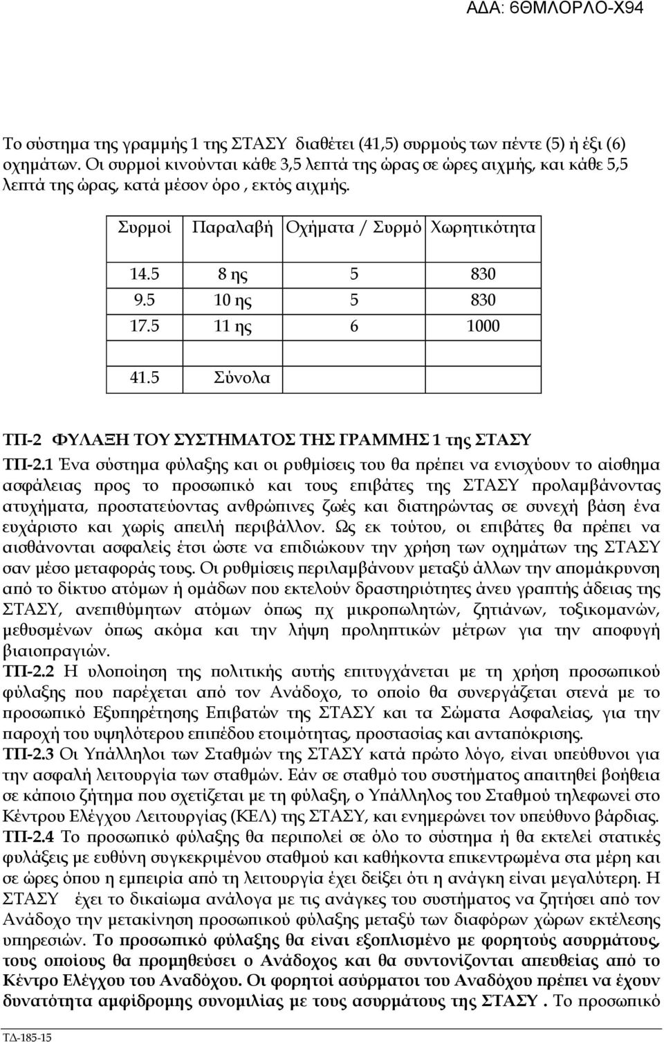 5 11 ης 6 1000 41.5 Σύνολα ΤΠ-2 ΦΥΛΑΞΗ ΤΟΥ ΣΥΣΤΗΜΑΤΟΣ ΤΗΣ ΓΡΑΜΜΗΣ 1 της ΣΤΑΣΥ ΤΠ-2.