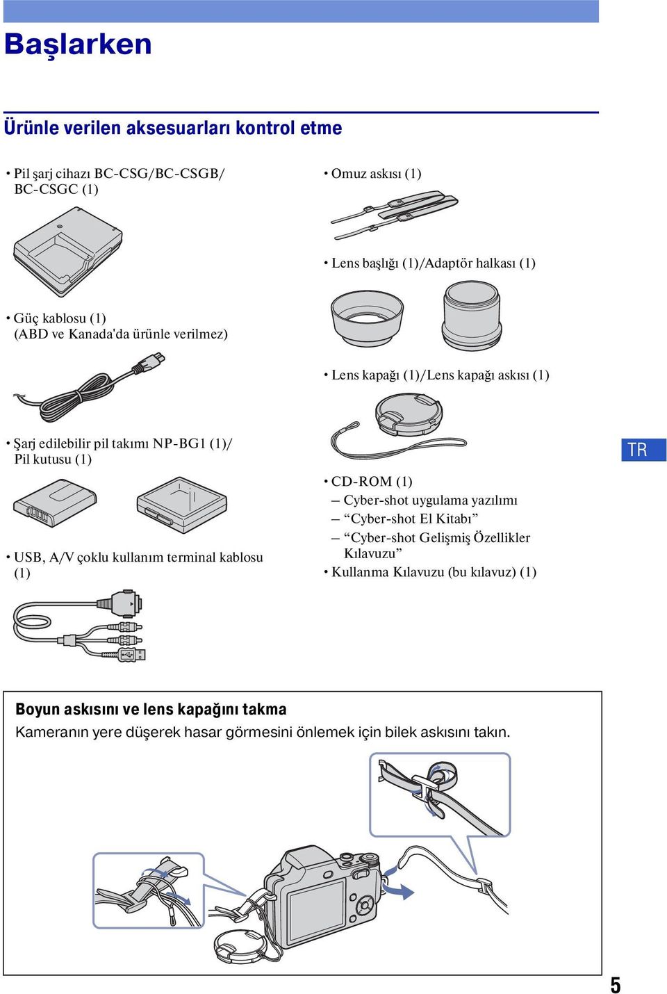 USB, A/V çoklu kullanım terminal kablosu (1) CD-ROM (1) Cyber-shot uygulama yazılımı Cyber-shot El Kitabı Cyber-shot Gelişmiş Özellikler Kılavuzu