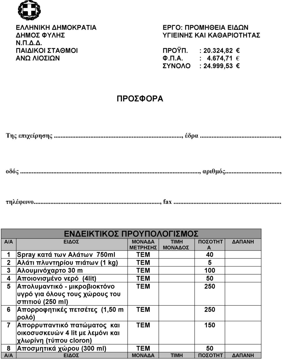 .. ΕΝΔΕΙΚΤΙΚΟΣ ΠΡΟΥΠΟΛΟΓΙΣΜΟΣ Α/Α ΕΙΔΟΣ ΜΟΝΑΔΑ ΜΕΤΡΗΣΗΣ ΤΙΜΗ ΜΟΝΑΔΟΣ ΠΟΣΟΤΗΤ Α 1 Spray κατά των Αλάτων 750ml ΤΕΜ 40 2 Αλάτι πλυντηρίου πιάτων (1 kg) ΤΕΜ 5 3 Αλουμινόχαρτο 30 m ΤΕΜ 100 4