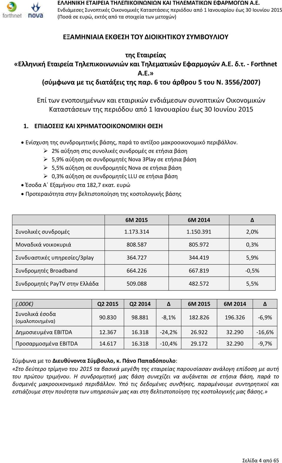 3556/2007) Επί των ενοποιημένων και εταιρικών ενδιάμεσων συνοπτικών Οικονομικών Καταστάσεων της περιόδου από 1 Ιανουαρίου έως 30 Ιουνίου 2015 1.