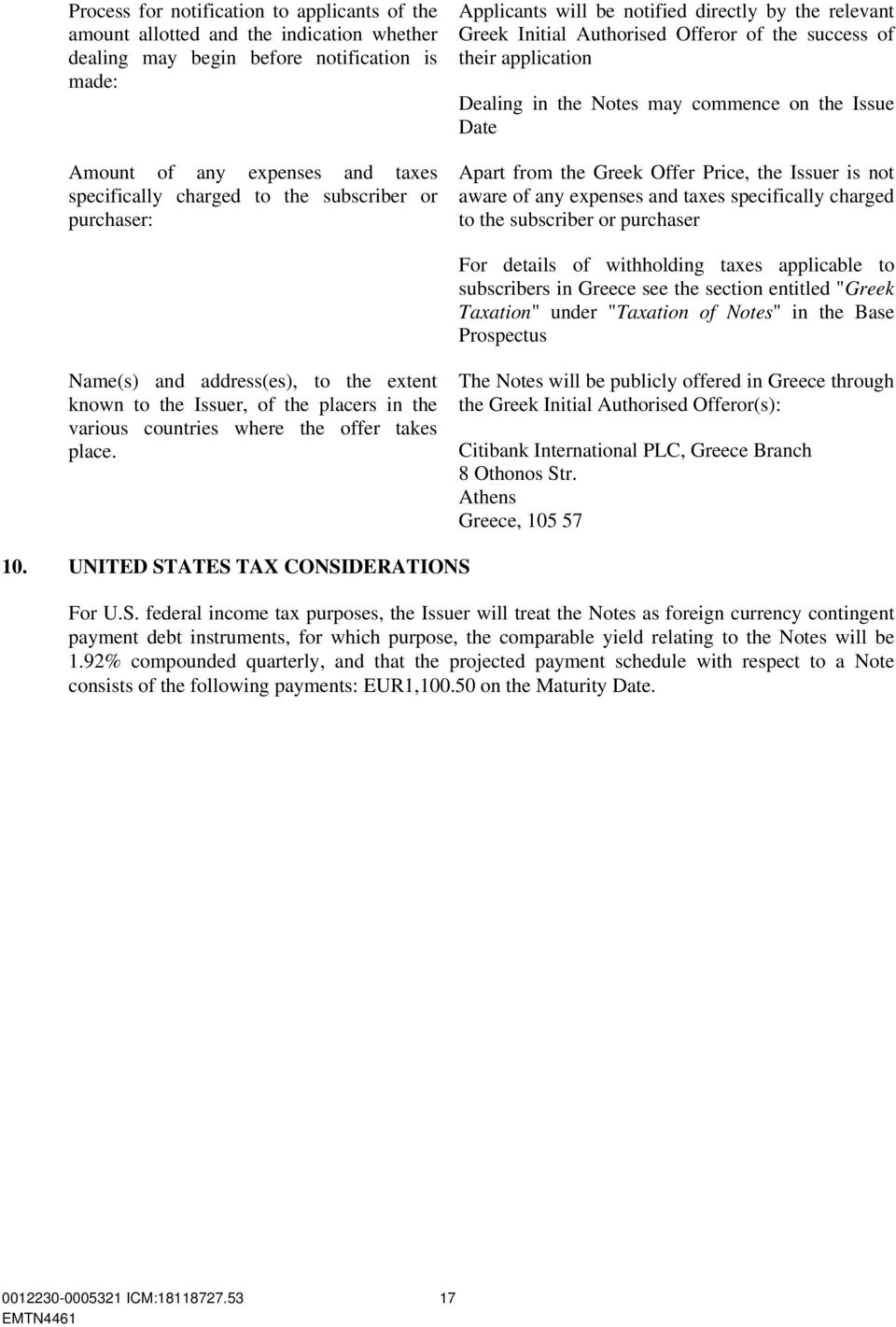 Apart from the Greek Offer Price, the Issuer is not aware of any expenses and taxes specifically charged to the subscriber or purchaser For details of withholding taxes applicable to subscribers in