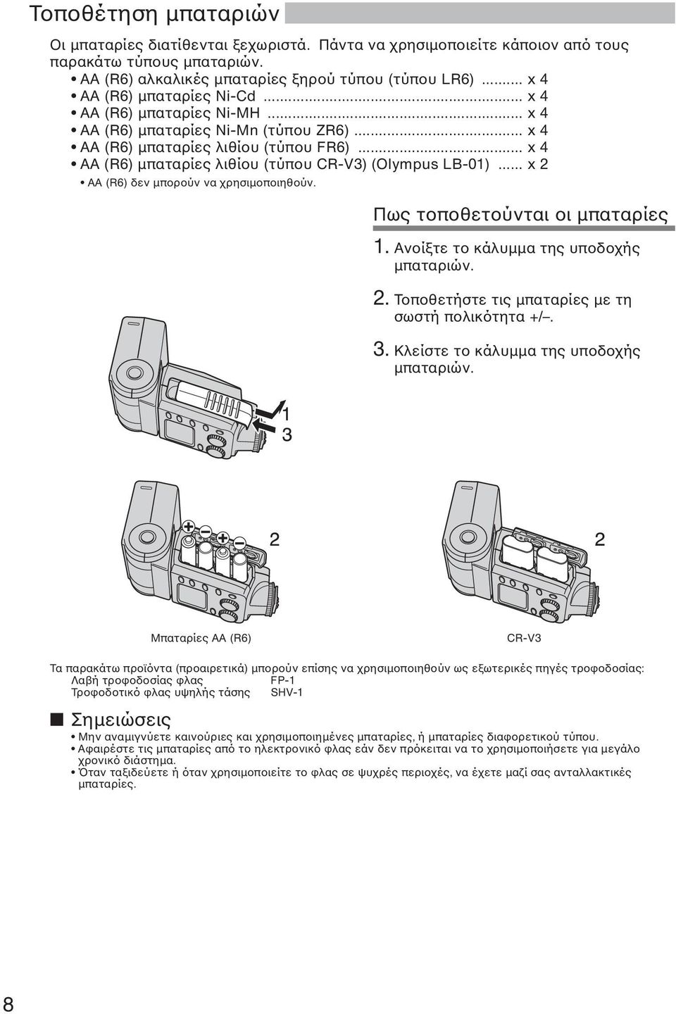 .. x 4 AA (R6) µπαταρίες λιθίου (τύπου CR-V3) (Olympus LB-01)... x 2 AA (R6) δεν µπορούν να χρησιµοποιηθούν. Πως τοποθετούνται οι µπαταρίες 1. Ανοίξτε το κάλυµµα της υποδοχής µπαταριών. 2. Τοποθετήστε τις µπαταρίες µε τη σωστή πολικότητα +/.