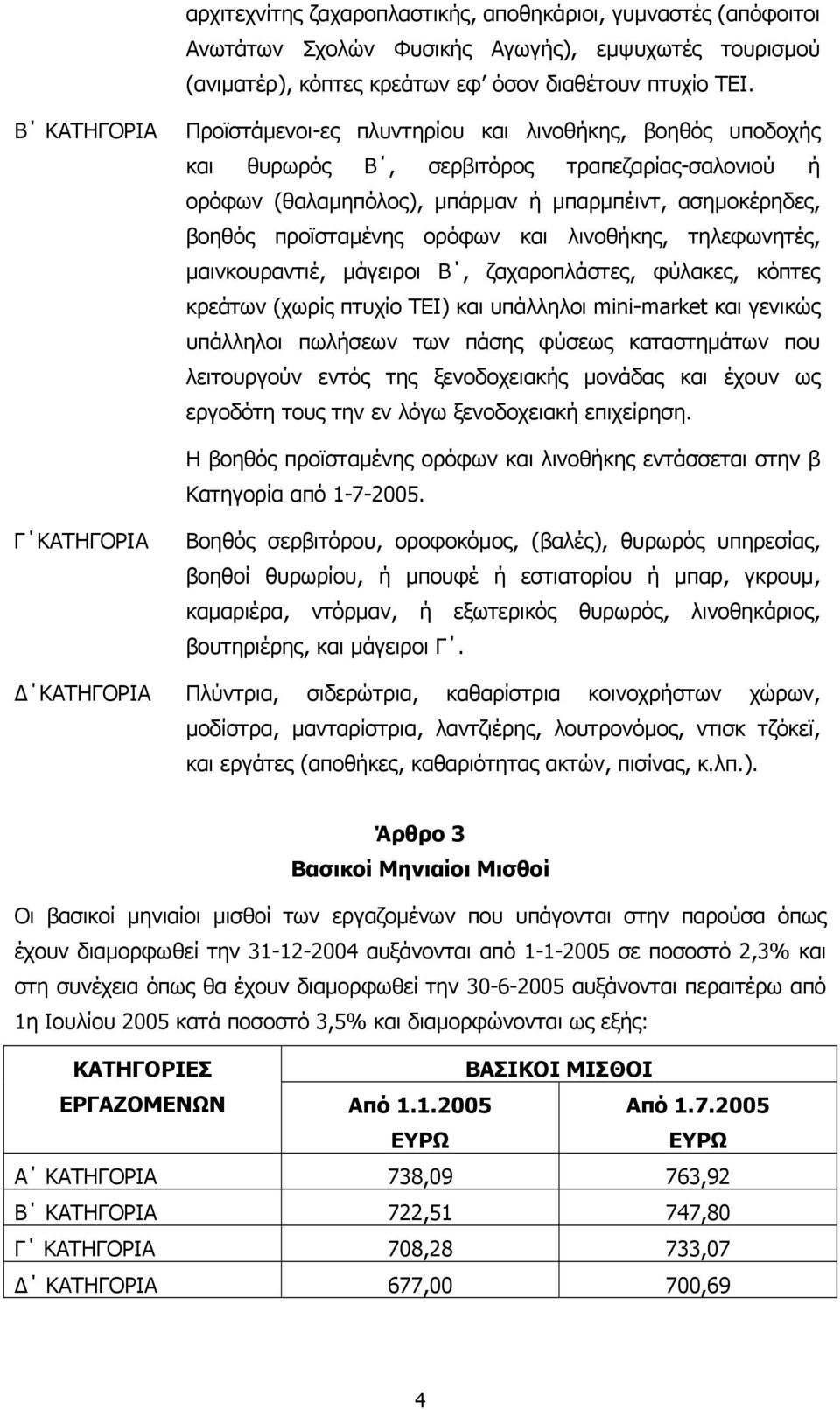 ορόφων και λινοθήκης, τηλεφωνητές, µαινκουραντιέ, µάγειροι Β, ζαχαροπλάστες, φύλακες, κόπτες κρεάτων (χωρίς πτυχίο ΤΕΙ) και υπάλληλοι mini-market και γενικώς υπάλληλοι πωλήσεων των πάσης φύσεως