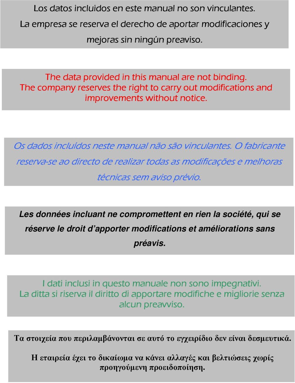 The company reserves the right to carry out modifications and improvements without notice. Os dados incluídos neste manual não são vinculantes.