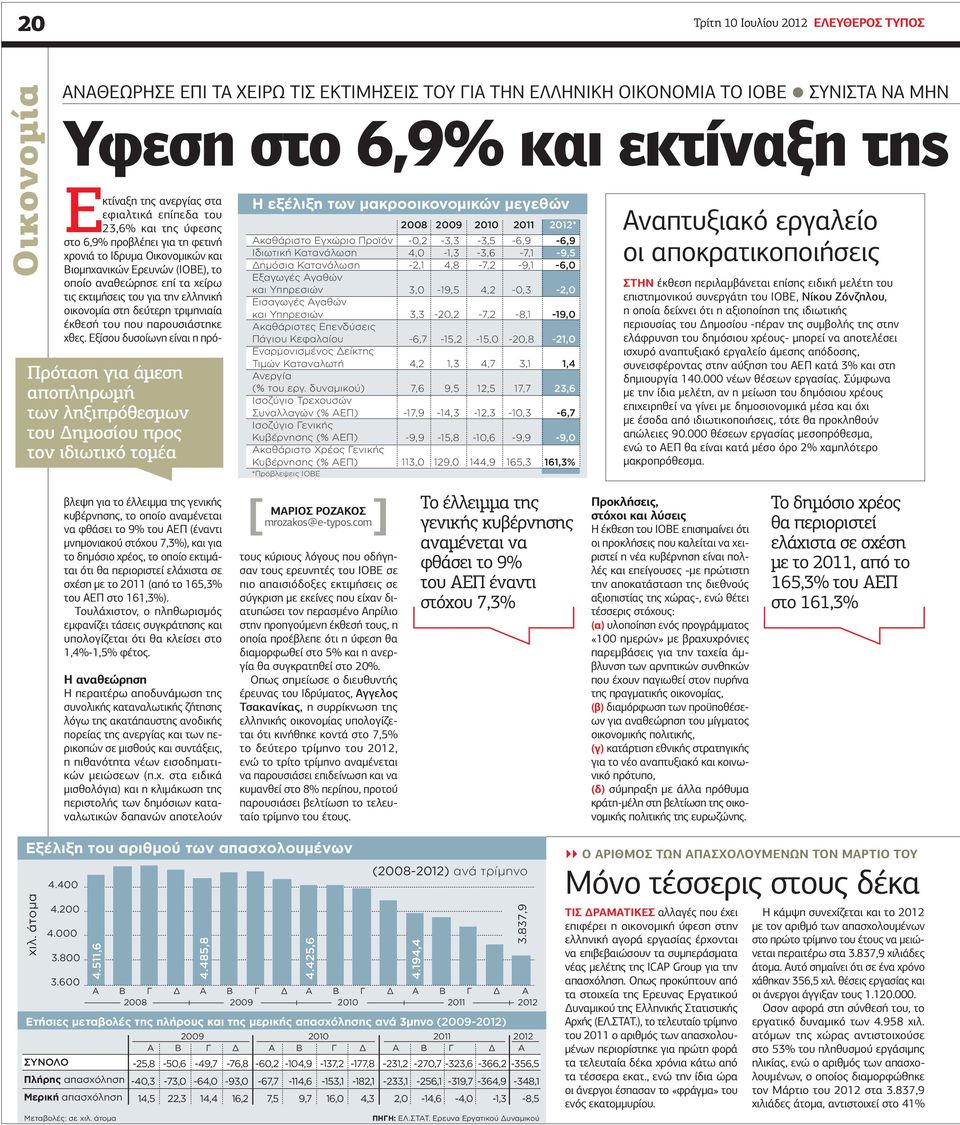 ελληνική οικονοµία στη δεύτερη τριµηνιαία έκθεσή του που παρουσιάστηκε χθες.