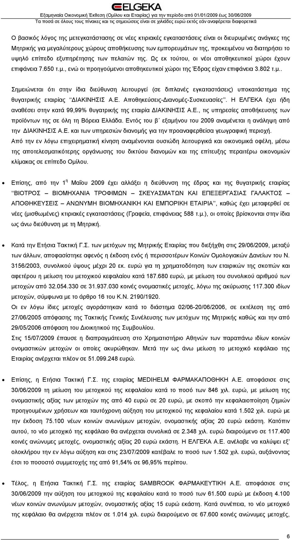 , ενώ οι προηγούμενοι αποθηκευτικοί χώροι της Έδρας είχαν επιφάνεια 3.802 τ.μ.. Σημειώνεται ότι στην ίδια διεύθυνση λειτουργεί (σε διπλανές εγκαταστάσεις) υποκατάστημα της θυγατρικής εταιρίας ΔΙΑΚΙΝΗΣΙΣ Α.