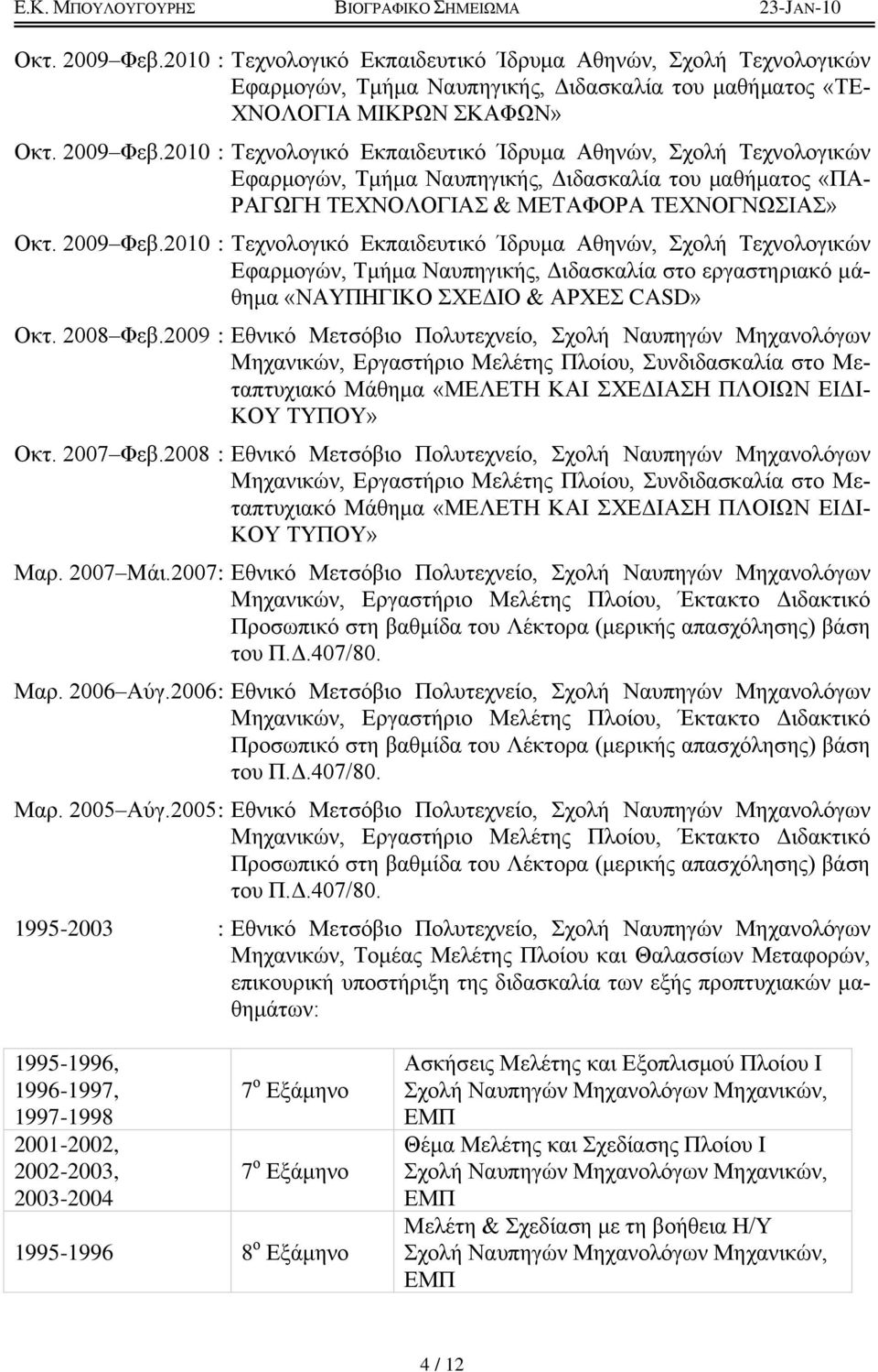 2009 : Δθνικό Μεηζόβιο Πολςηεσνείο, σολή Ναςπηγών Μησανολόγυν Μησανικών, Δπγαζηήπιο Μελέηηρ Πλοίος, ςνδιδαζκαλία ζηο Μεηαπηςσιακό Μάθημα «ΜΔΛΔΣΗ ΚΑΙ ΥΔΓΙΑΗ ΠΛΟΙΩΝ ΔΙΓΙ- ΚΟΤ ΣΤΠΟΤ» Οκη. 2007 Φεβ.