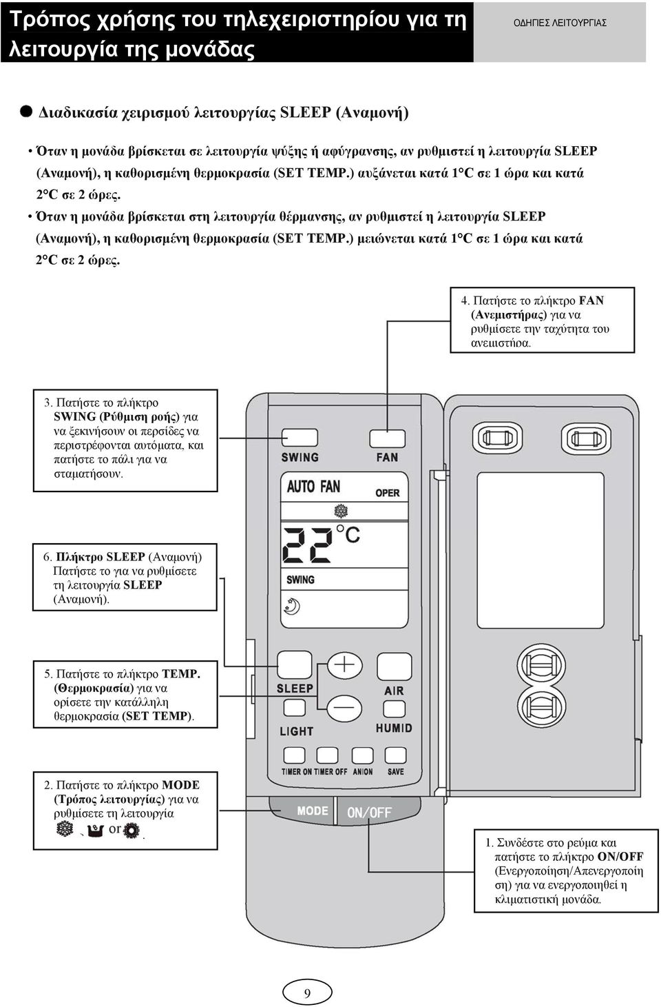 Όταν η μονάδα βρίσκεται στη λειτουργία θέρμανσης, αν ρυθμιστεί η λειτουργία SLEEP (Αναμονή), η καθορισμένη θερμοκρασία (SET TEMP.) μειώνεται κατά 1 C σε 1 ώρα και κατά 2 C σε 2 ώρες. 4.