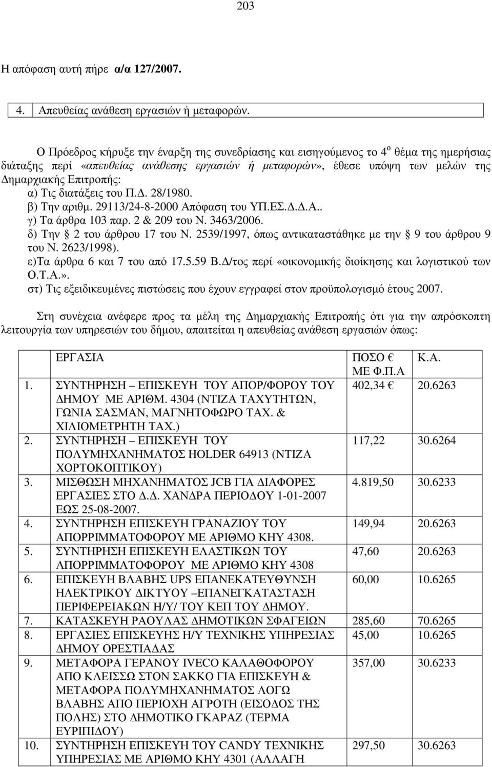 διατάξεις του Π.. 28/1980. β) Την αριθµ. 29113/24-8-2000 Απόφαση του ΥΠ.ΕΣ...Α.. γ) Τα άρθρα 103 παρ. 2 & 209 του Ν. 3463/2006. δ) Την 2 του άρθρου 17 του Ν.