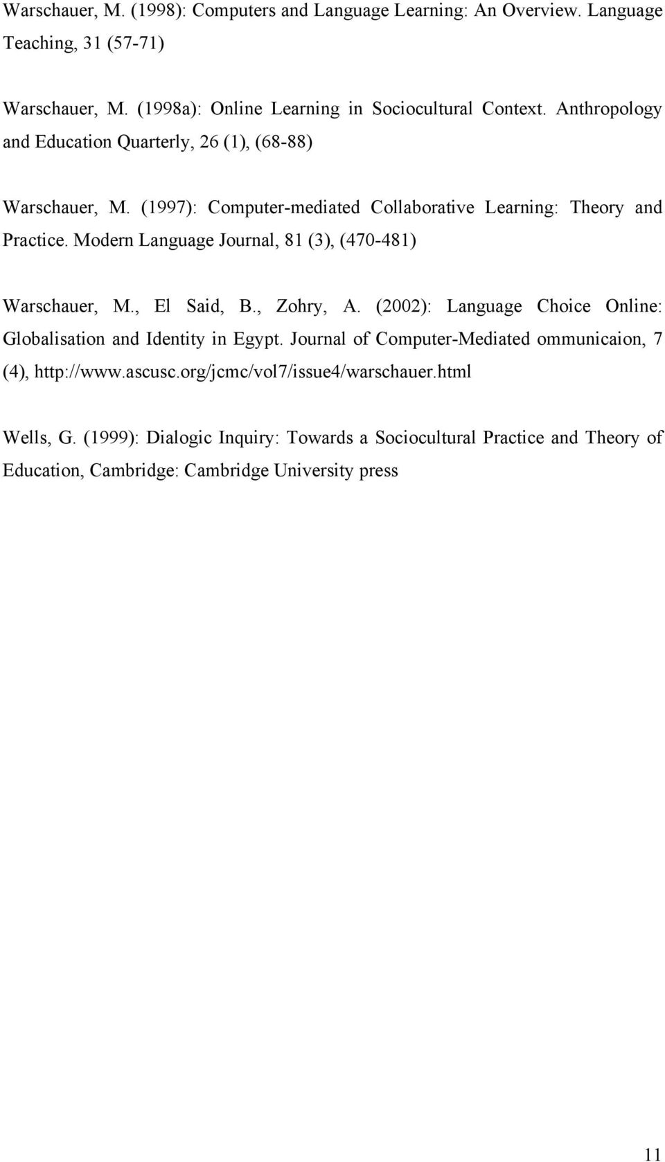 Modern Language Journal, 81 (3), (470-481) Warschauer, M., El Said, B., Zohry, A. (2002): Language Choice Online: Globalisation and Identity in Egypt.